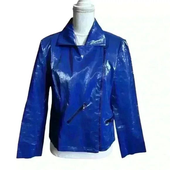 J’Envie NY Shiny Cobalt Blue Double Breasted Rain Jacket w/ Zippers Women Med - Picture 1 of 10